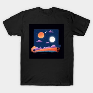 A whimsical cartoon landscape of a starry night sky with a bright full moon illuminating the landscape with in a box T-Shirt